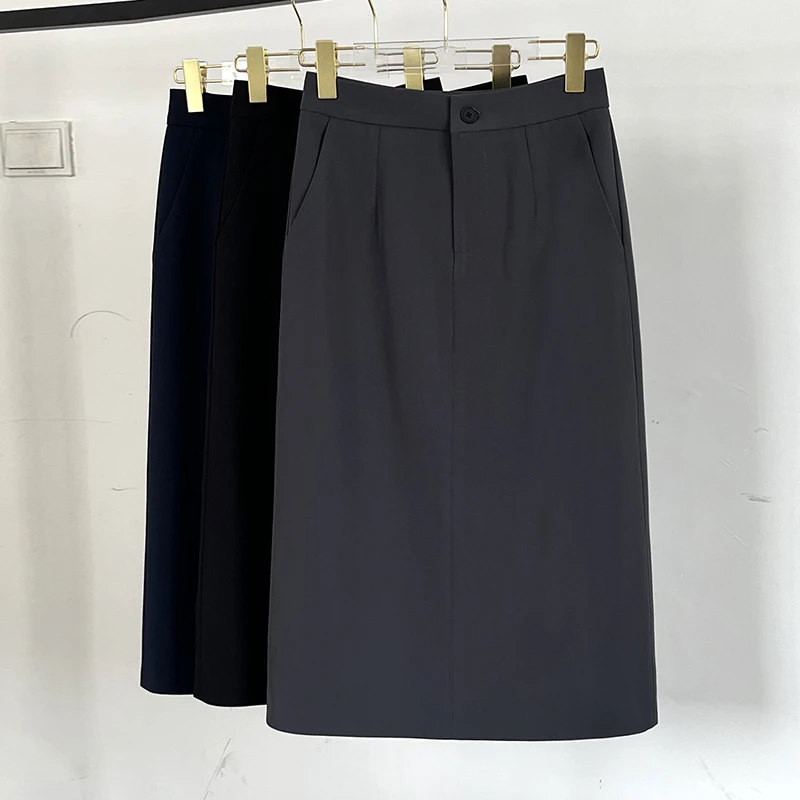 【口袋款】气质百搭显瘦半身裙女春夏时尚高腰黑色中长款A字裙23199