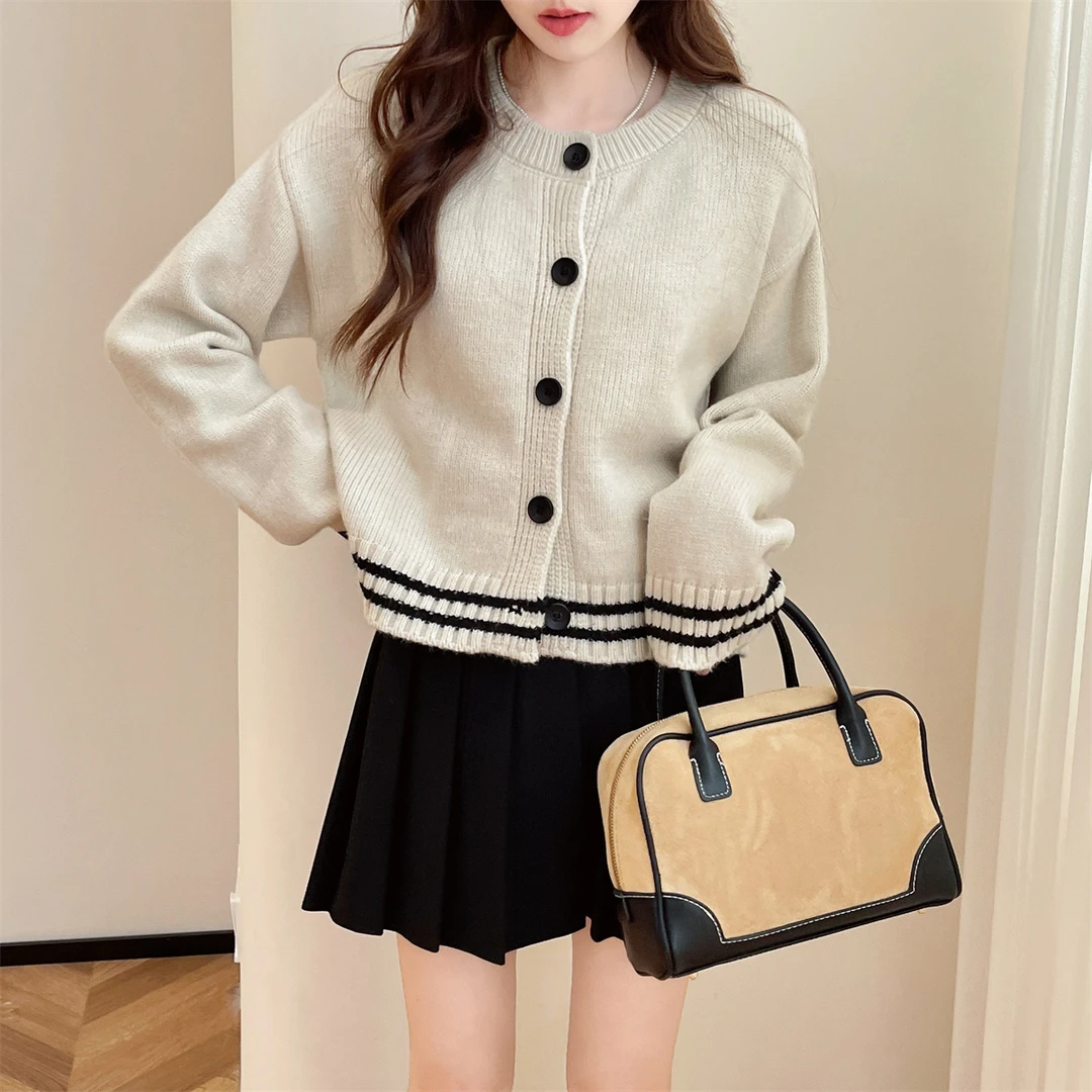 5M045 DB1唐狮高级感撞色设计针织开衫时尚显瘦慵懒 E4G1487