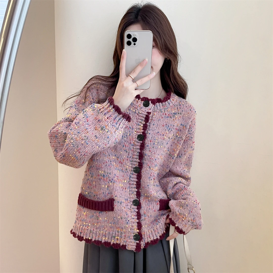 2M963 DB1唐狮小香风撞色花纱圆领开衫高级感毛衣开衫