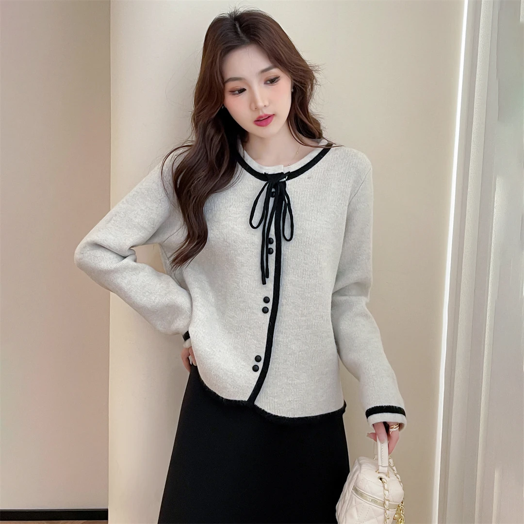 4M32 DB1唐狮简约气质撞色高级感开衫小香风 E4H1046