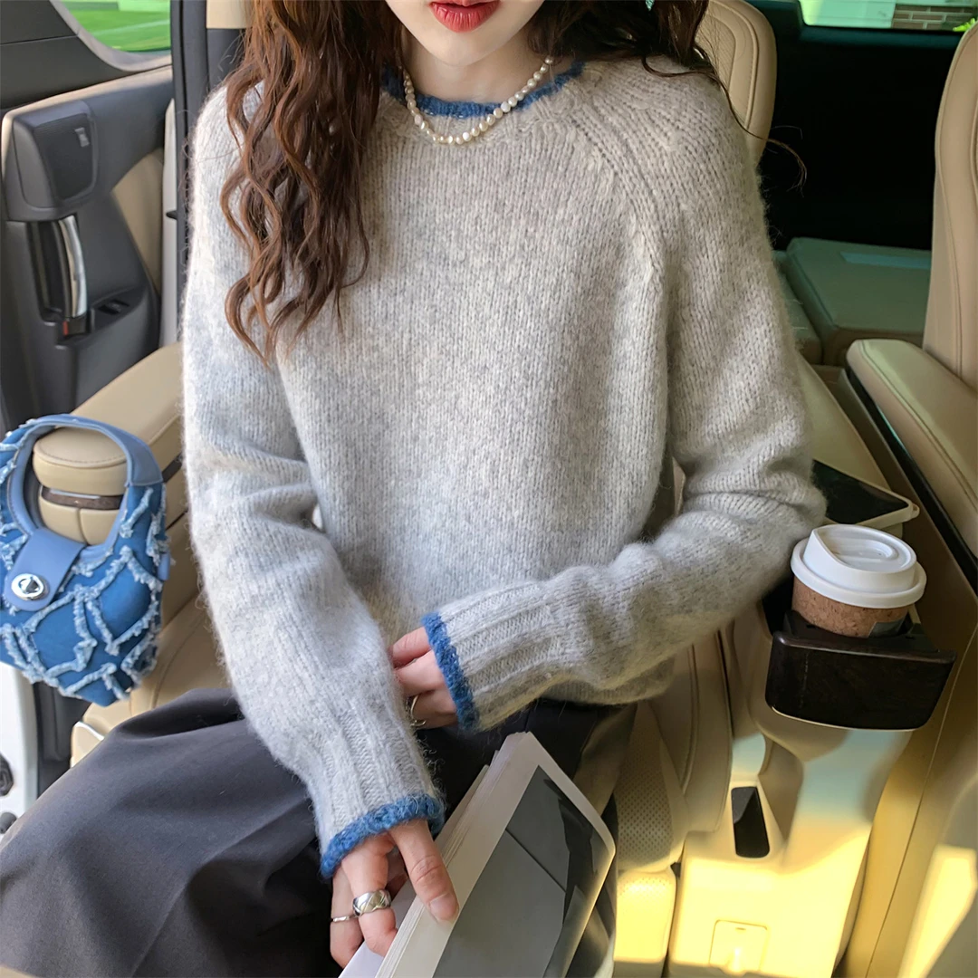 DB7 唐狮撞色边设计圆领套头时尚慵懒风长袖针织衫百搭 ET3H070