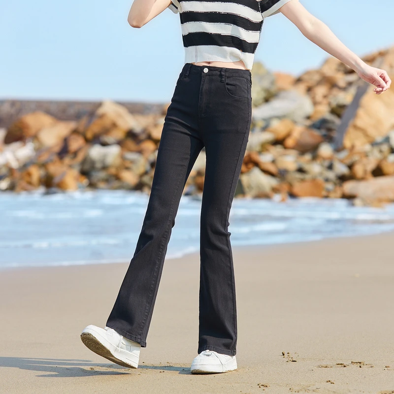 2N222  DB1  牛仔裤女显瘦修身弹力微喇叭裤潮流韩版黑色裤子