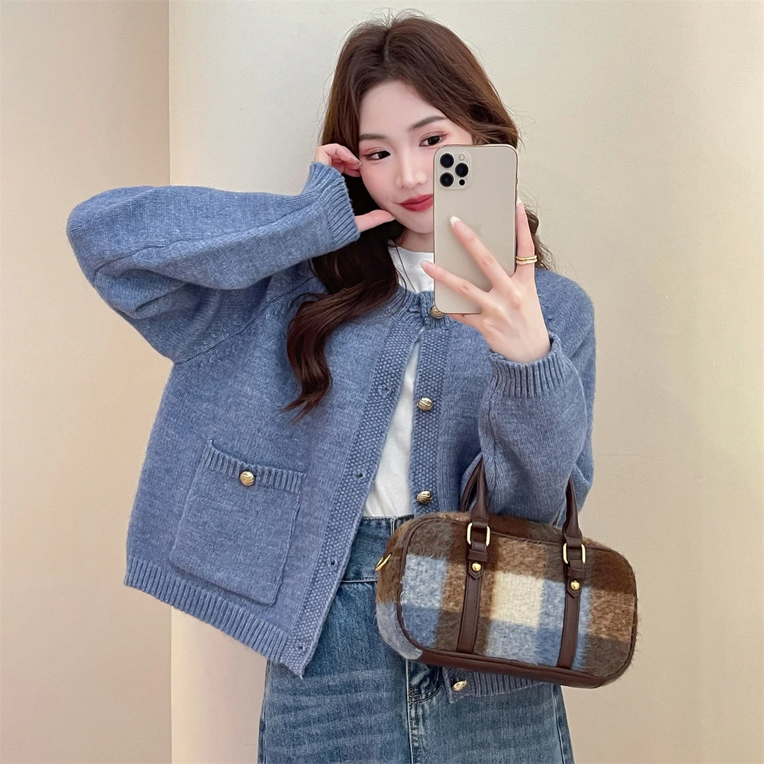 2M999 DB1唐狮慵懒小香风圆领开衫气质针织衫时尚 E4H1256