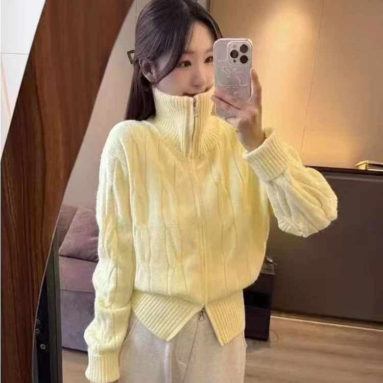 设计感气质半高领拉链毛衣针织开衫外套女冬季新款女别致上衣1899