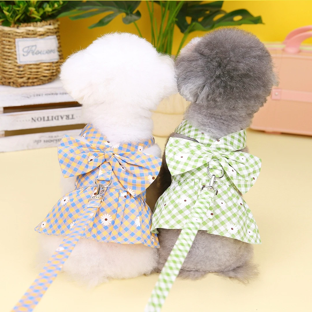 春夏季宠物衣服菊花格子胸背裙猫咪狗狗公主裙甜美连衣裙送牵引绳