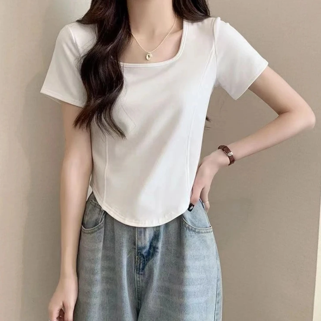 2025新款夏季设计感方领鱼骨百搭修身显瘦上衣服正肩弧形短袖t恤