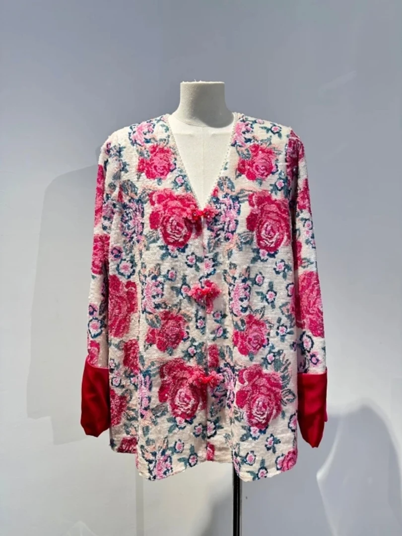 QYG【情话】红标重工亮片绣花朵盘扣中式外套