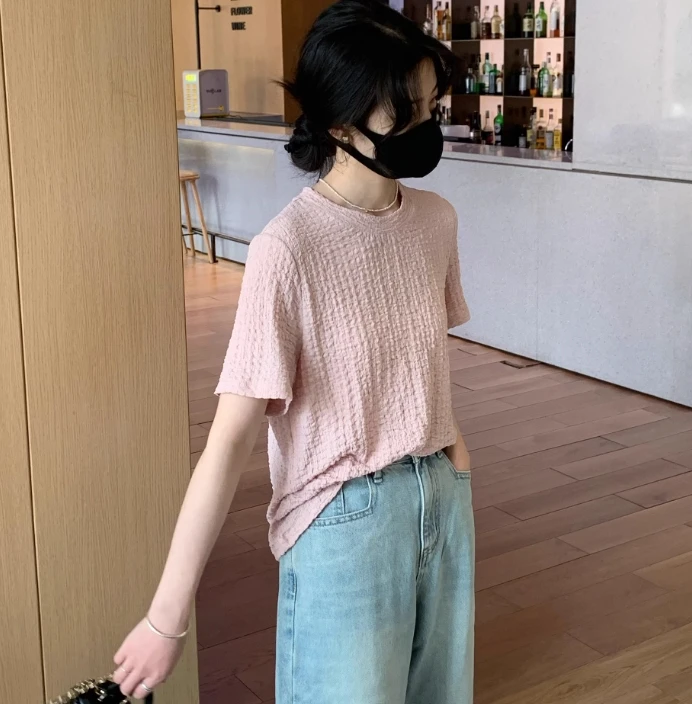 「吖吖自制」24夏款褶皱肌理感圆领正肩短袖T恤女韩版上衣法式小衫