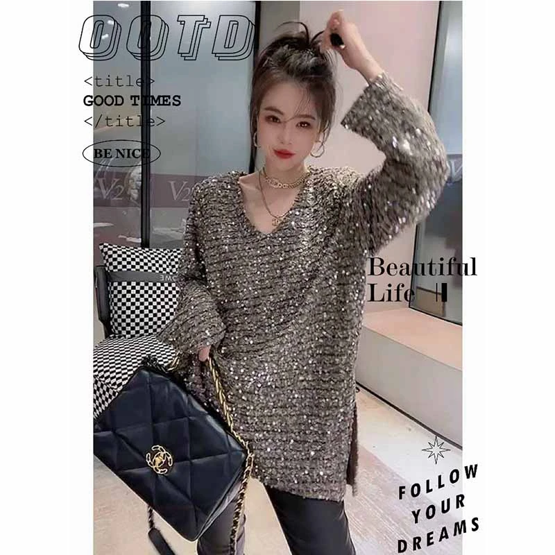 高级感重工加绒亮片衬衫女欧洲站2024秋冬新款百搭中长款V领衬衣