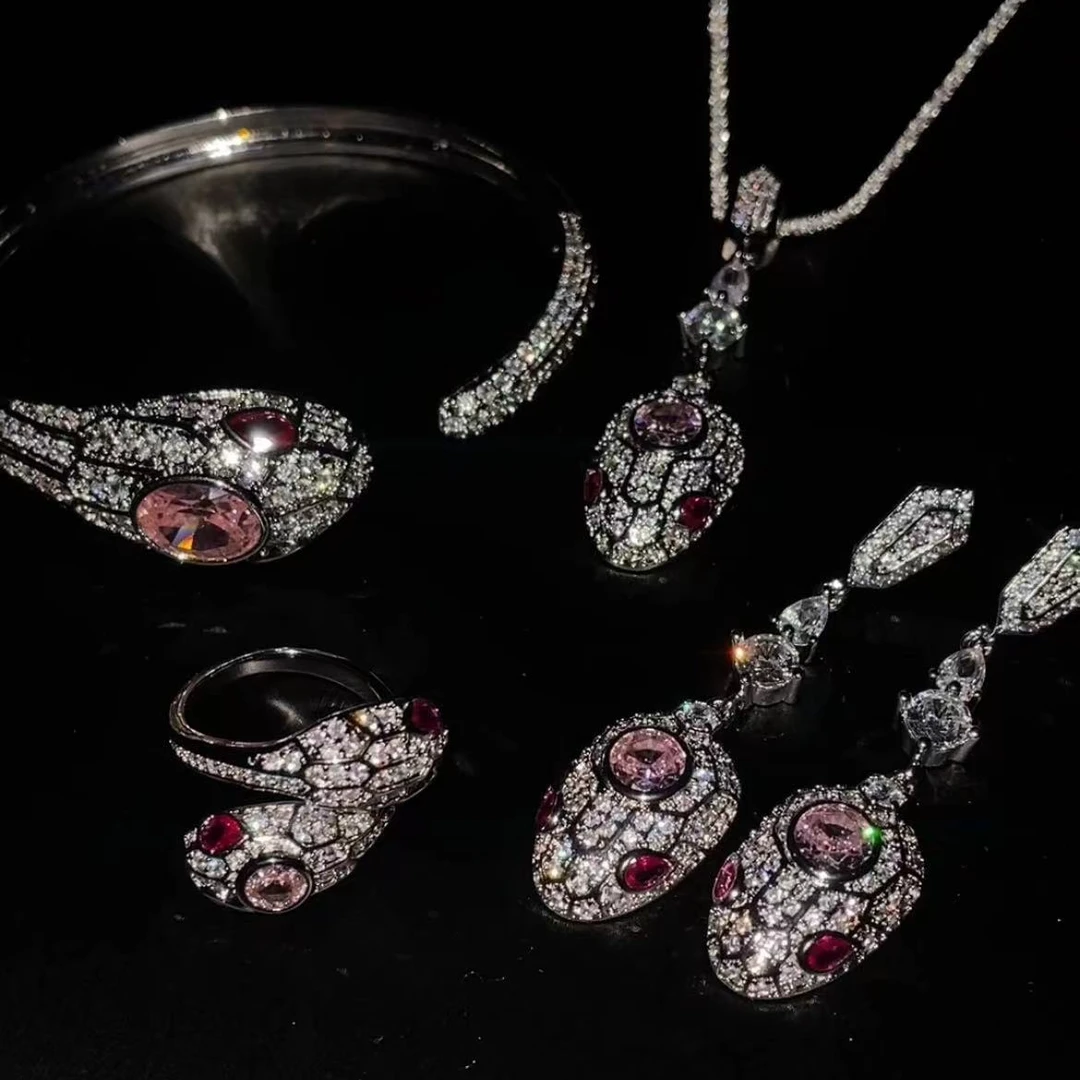 合金合成锆石项链 ［灵蛇］粉色 宝石 镀18K金 项链戒指手首饰