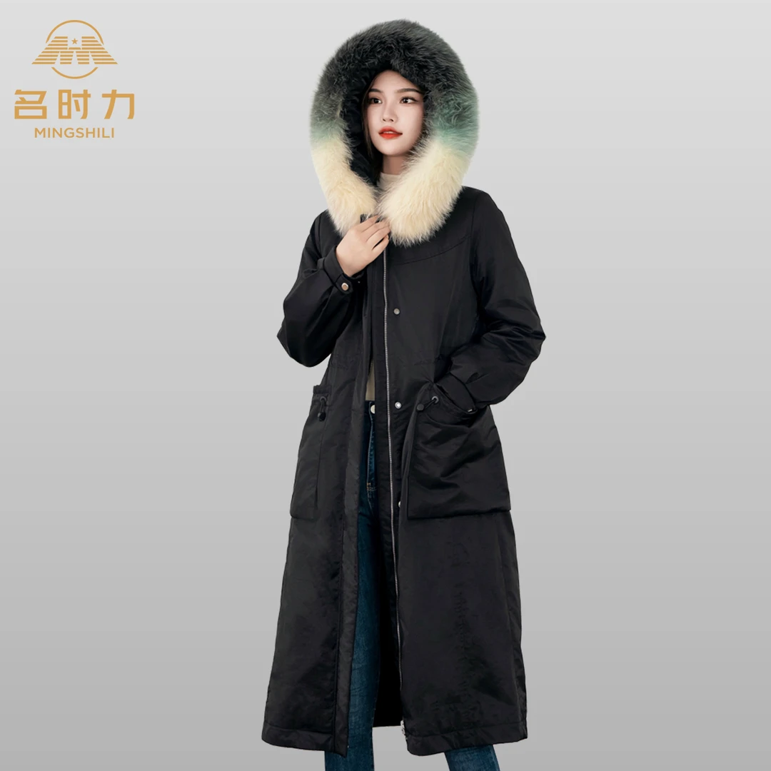 名时力时尚休闲韩版百搭长款连帽狐狸毛冬季羽绒内胆派克服8092
