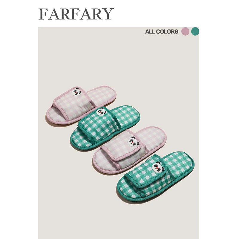 farfary番薯泥日系可爱魔术贴熊猫棋盘格春秋室内便携折叠拖鞋