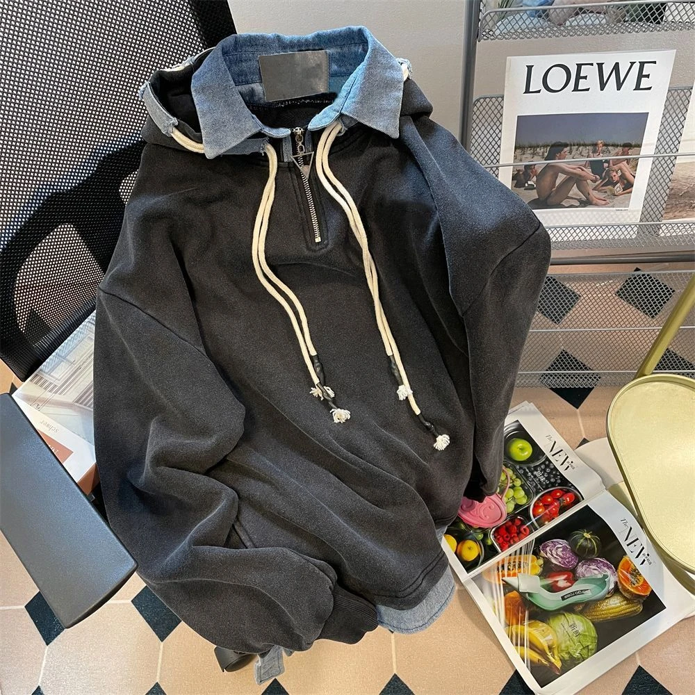 牛仔拼接美式复古oversize连帽卫衣情侣卫衣潮ins宽松假两件高街T