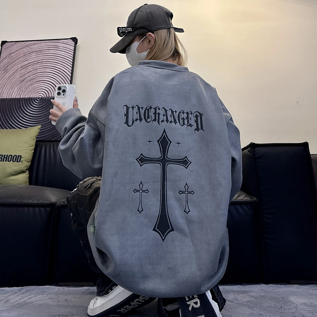 VRE重磅400克圆领美式卫衣2023新款慵懒风秋季外套麂皮绒宽松长袖