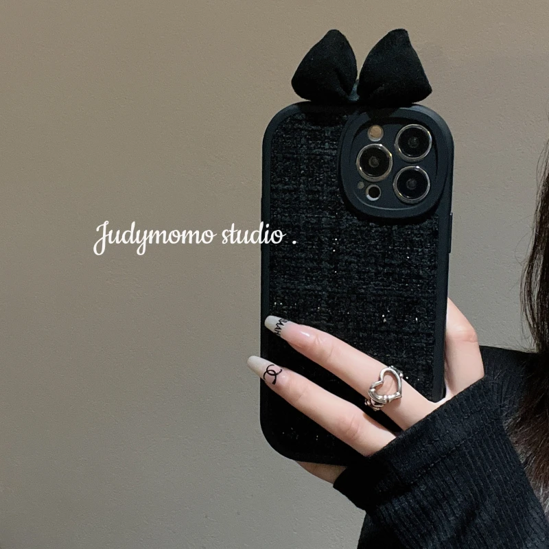 ins高级感黑色小香蝴蝶结11iPhone15苹果13手机壳14PROMAX12软XS
