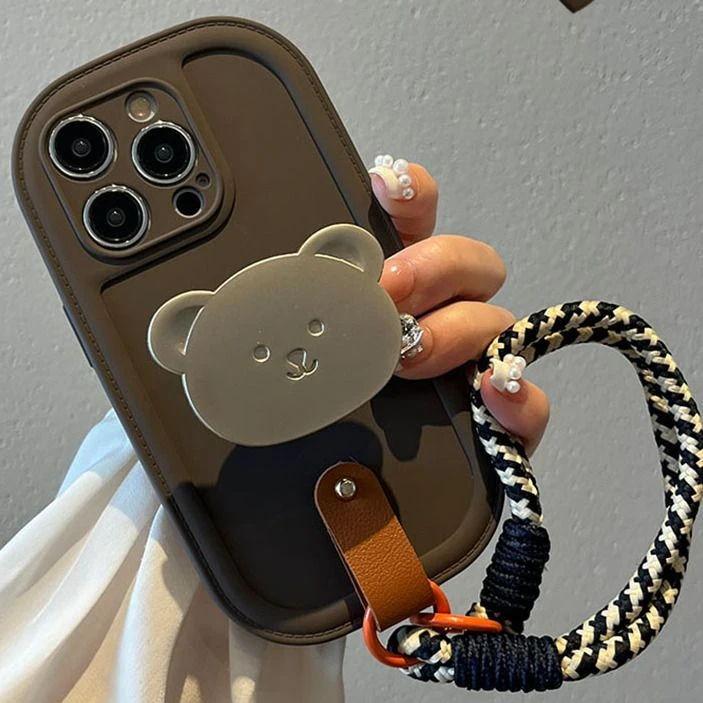 深咖色潮牌熊支架手绳iPhone15手机壳14全包13苹果12防摔11promax