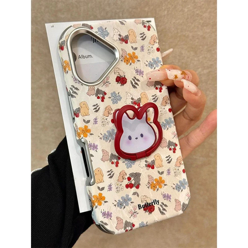 日韩仿皮兔子插画折叠支架适用14promax苹果15手机壳iPhone16新款