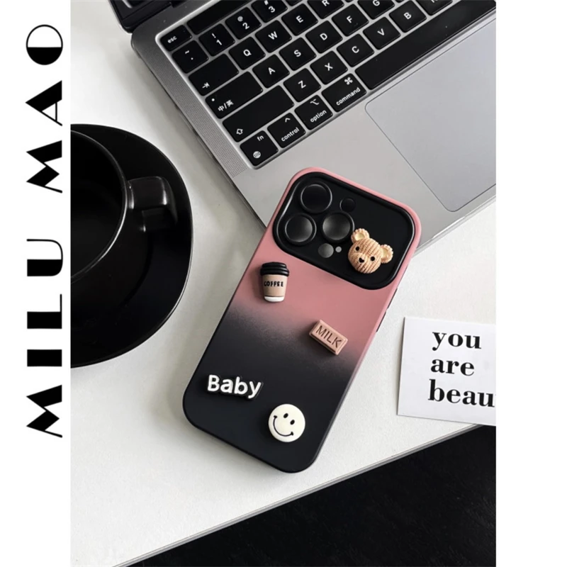 ins简约粉蓝渐变小熊苹果14promax手机壳全包iPhone13女12高级11