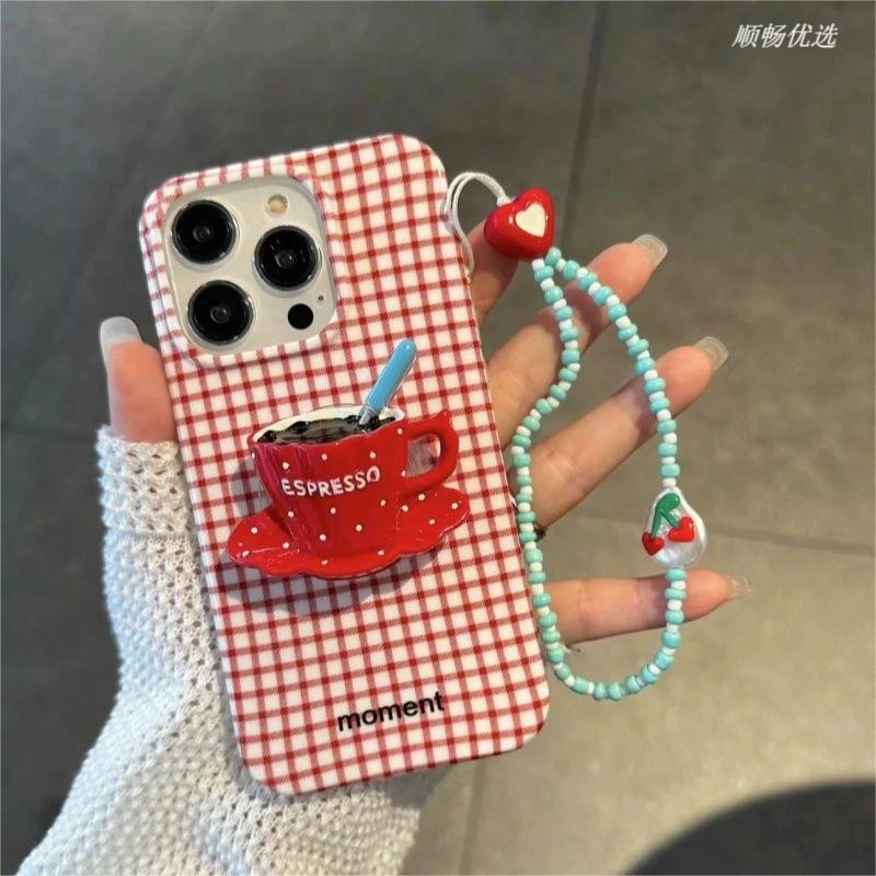ins风立体咖啡支架链条适用于苹果15手机壳iPhone14软12/11女13/x