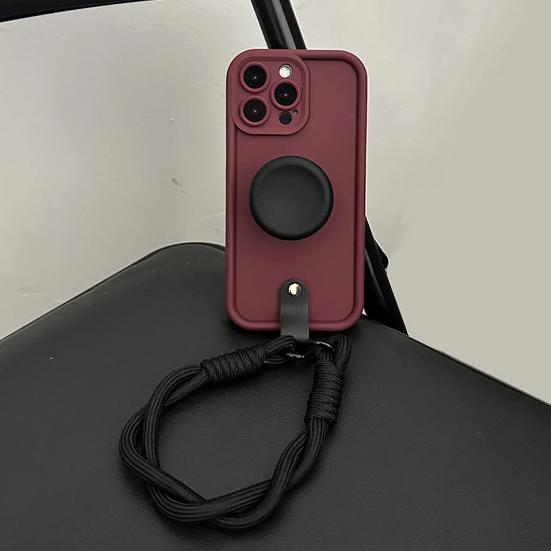 经典酒红撞黑腕带支架iPhone15promax手机壳苹果14硅胶13女12/11x