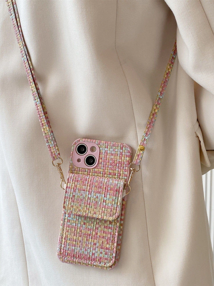 小香风编织纹卡包适用iPhone15promax苹果14手机壳13斜挎挂绳12软