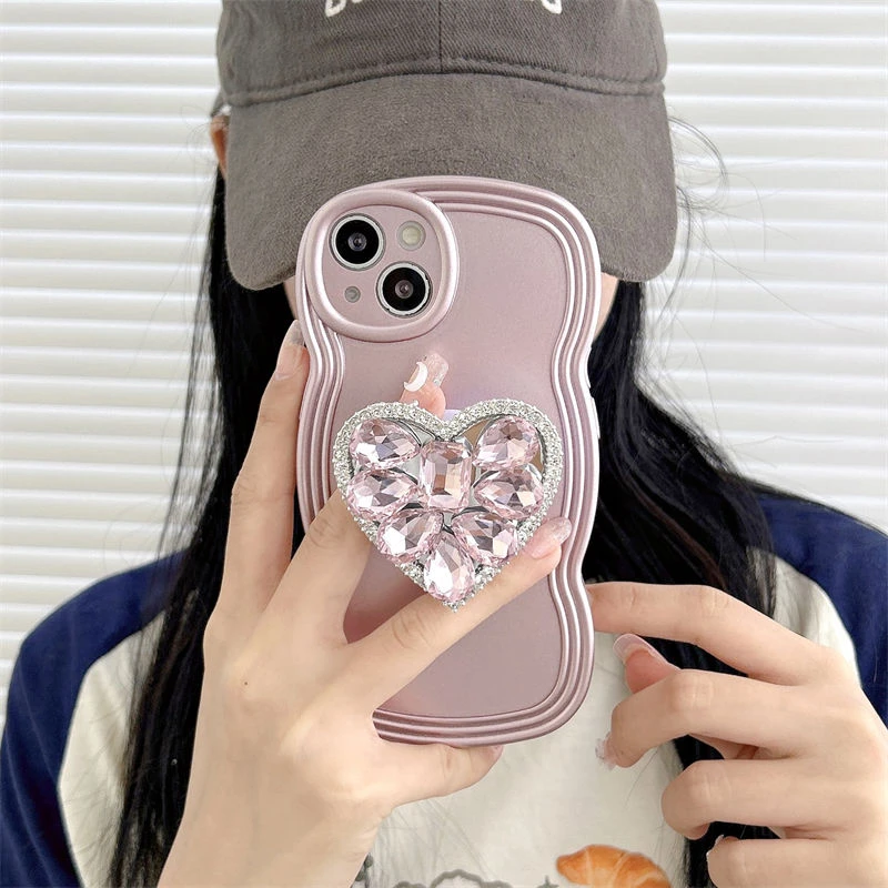 ins风高级爱心水钻支架iPhone14promax手机壳苹果13全包12/11波浪