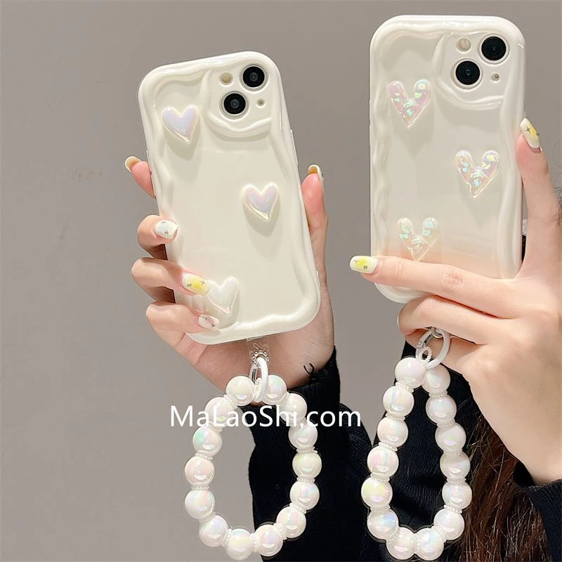 彩色珠光爱心手链iPhone14手机壳苹果13/12/11小清新xr女14promax