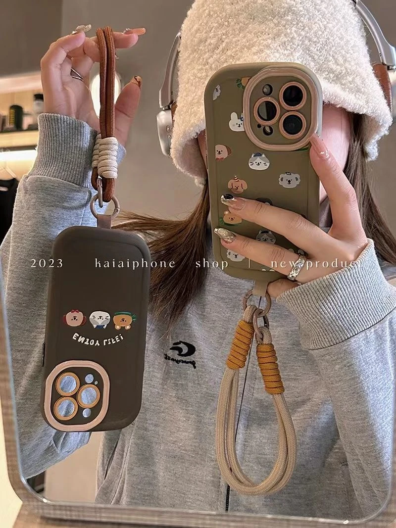 日韩动物插画挂绳适用iPhone15苹果14新款13promax手机壳12女11软