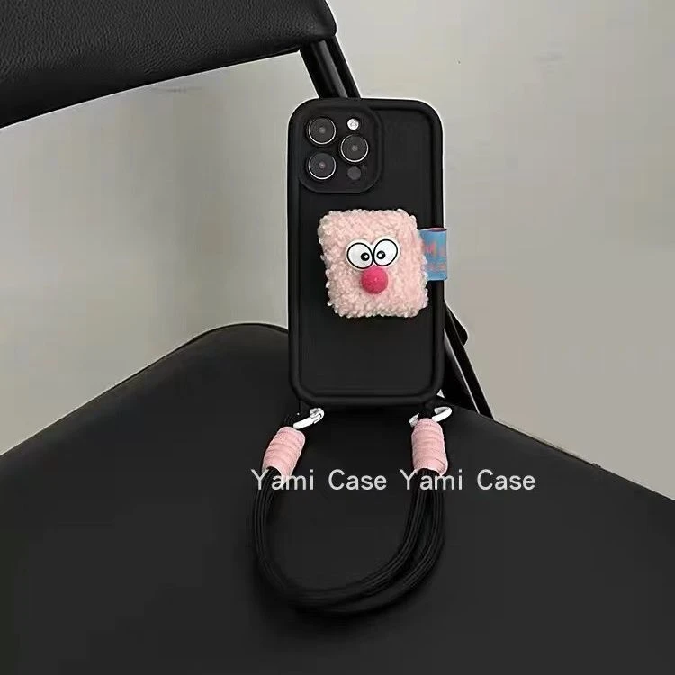 粉撞黑毛绒表情支架iPhone15promax手机壳苹果14腕带13女12防摔11