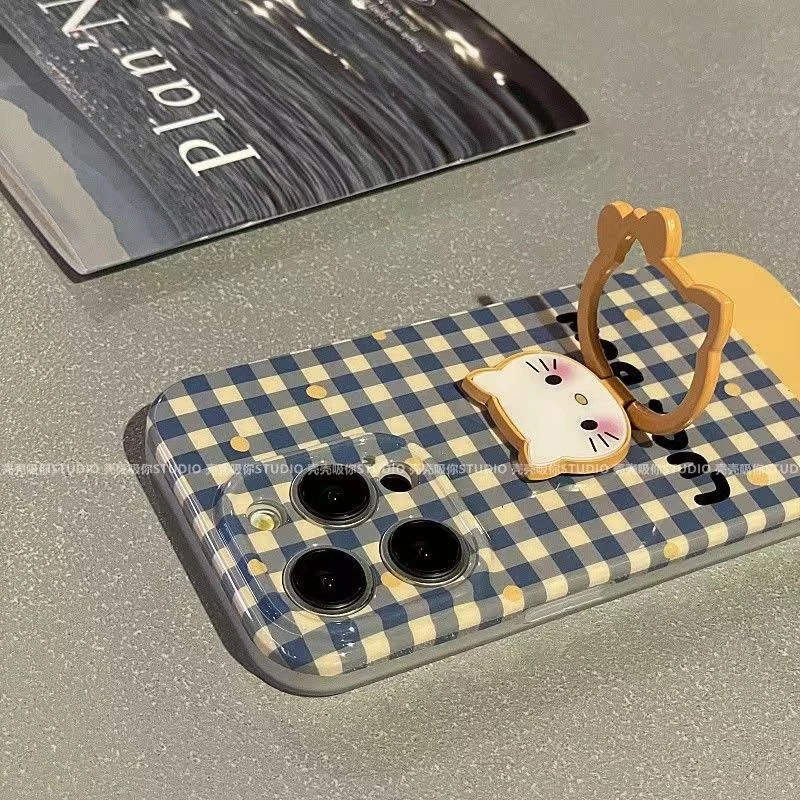 ins日韩蓝色格子指环支架适用iPhone15promax苹果14手机壳13创意