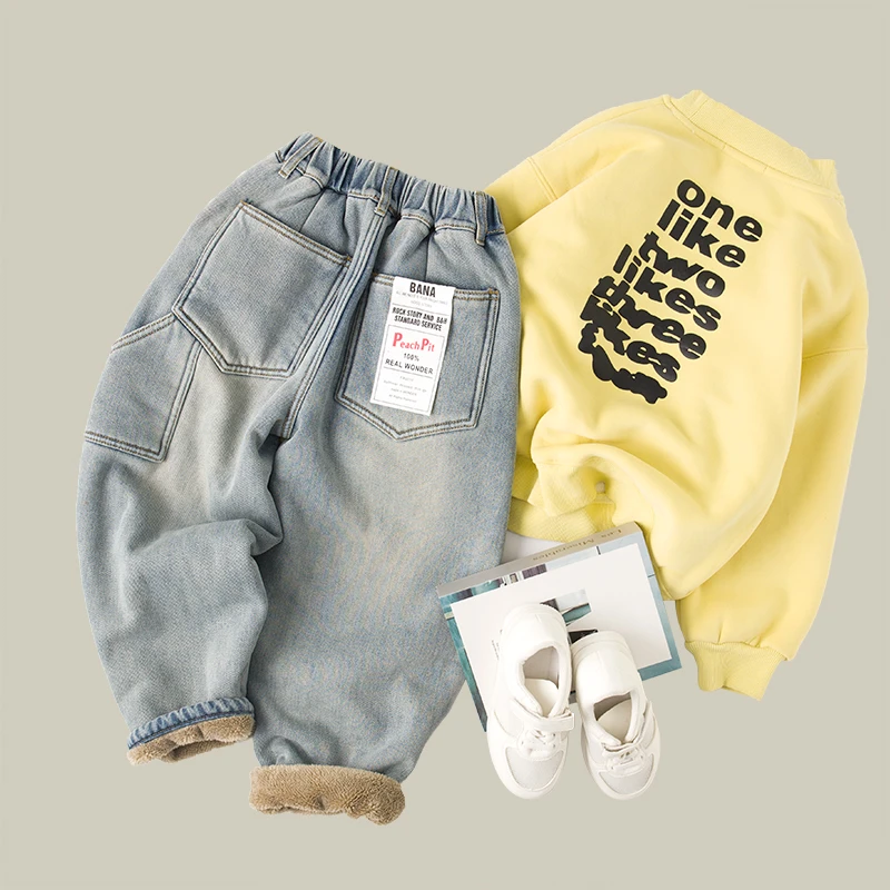 吴小越w875男童加绒牛仔裤冬款刺绣年货痞帅男孩冬新款韩版长裤