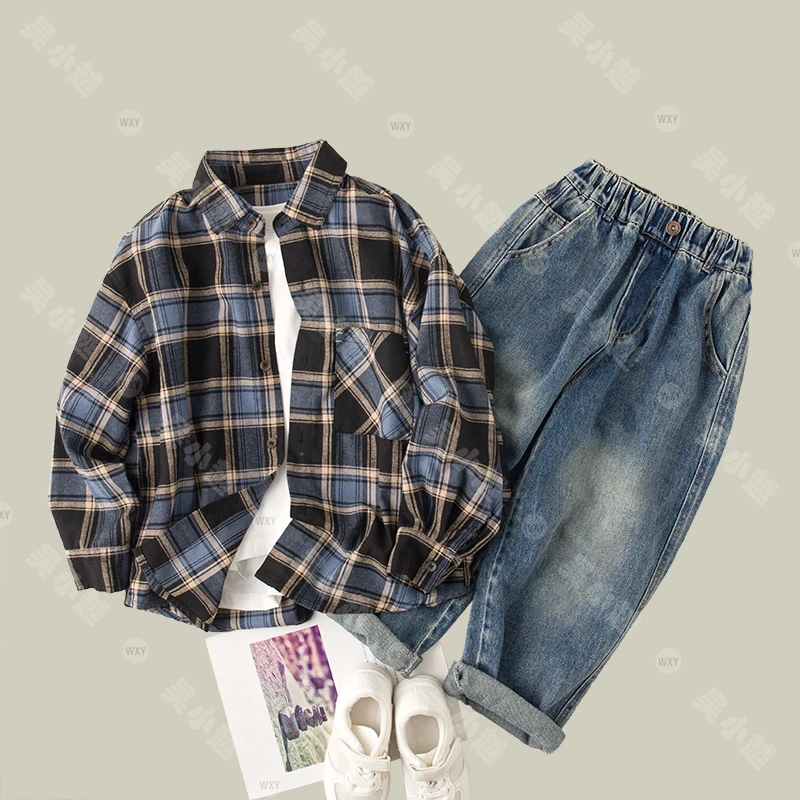 吴小越w635男童衬衫长袖格子儿童上衣春秋款韩范中大童外套翻领春