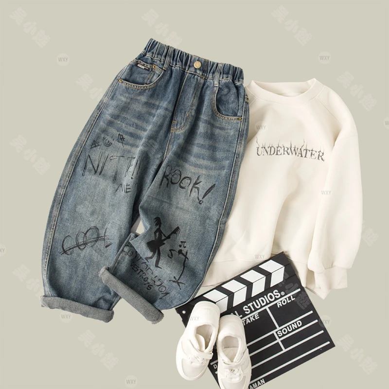 吴小越w640男童牛仔裤涂鸦痞帅男孩秋装新款长裤春秋款大童