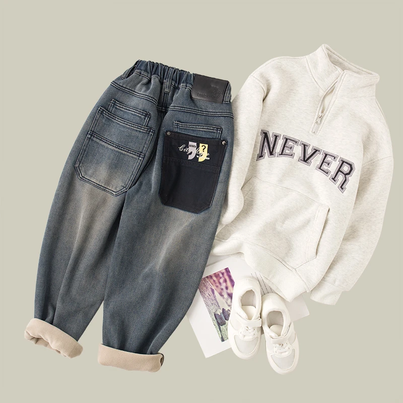 吴小越w905男童加绒牛仔裤冬款刺绣年货痞帅男孩冬新款韩版长裤