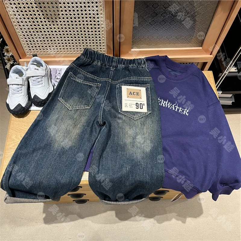 吴小越w628男童牛仔贴标痞帅男孩秋装新款长裤春秋款大童