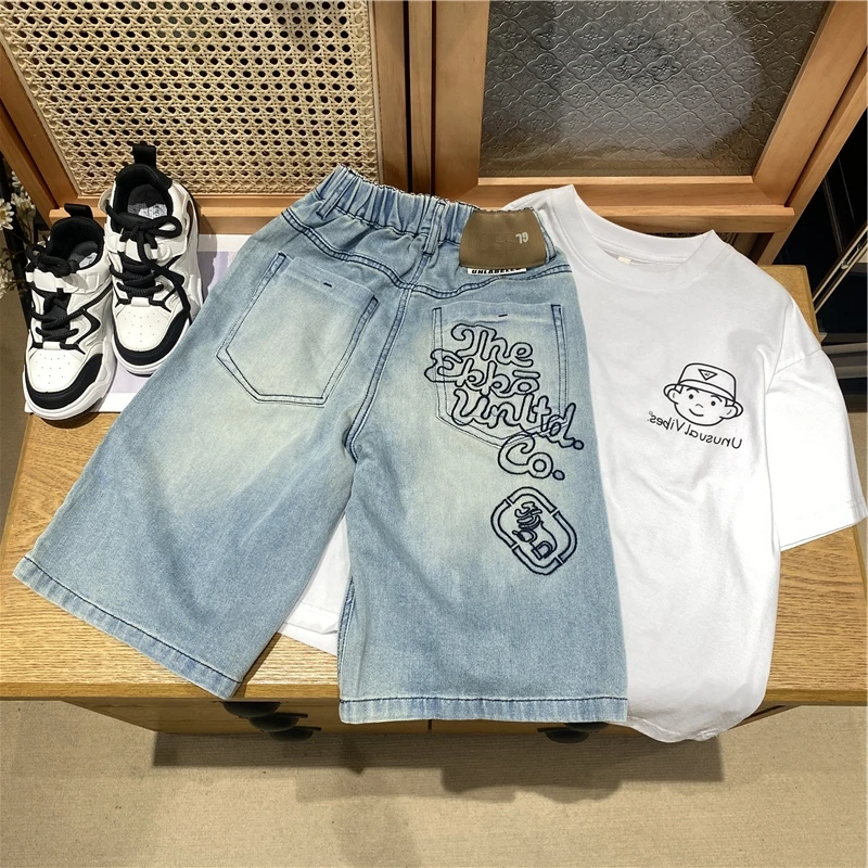 吴小越w575男童牛仔中裤四季色宽松中大童夏款薄款冰感软牛仔