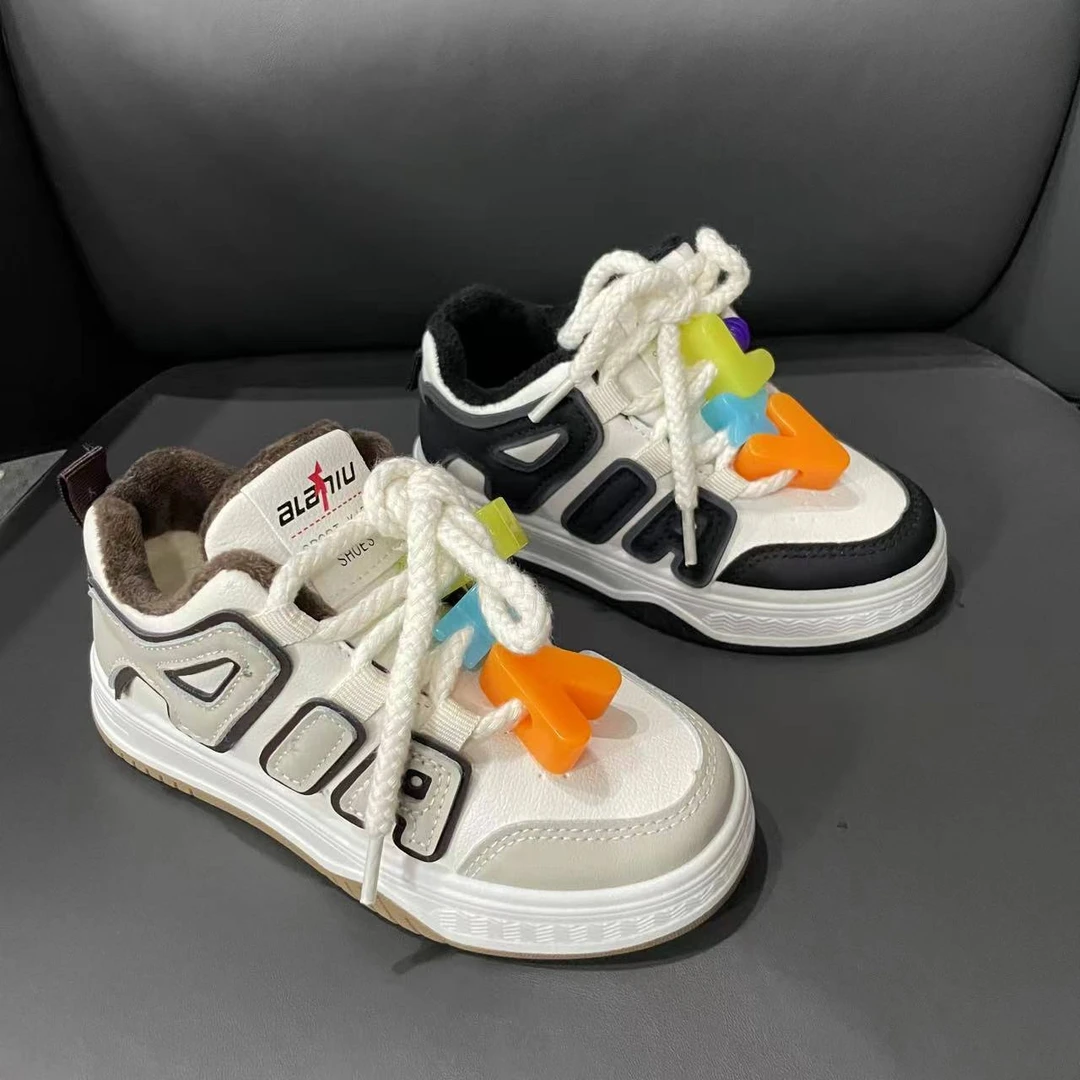 【868】冬季新款男女童高帮棉鞋板鞋儿童二棉保暖皮面冬款洋气