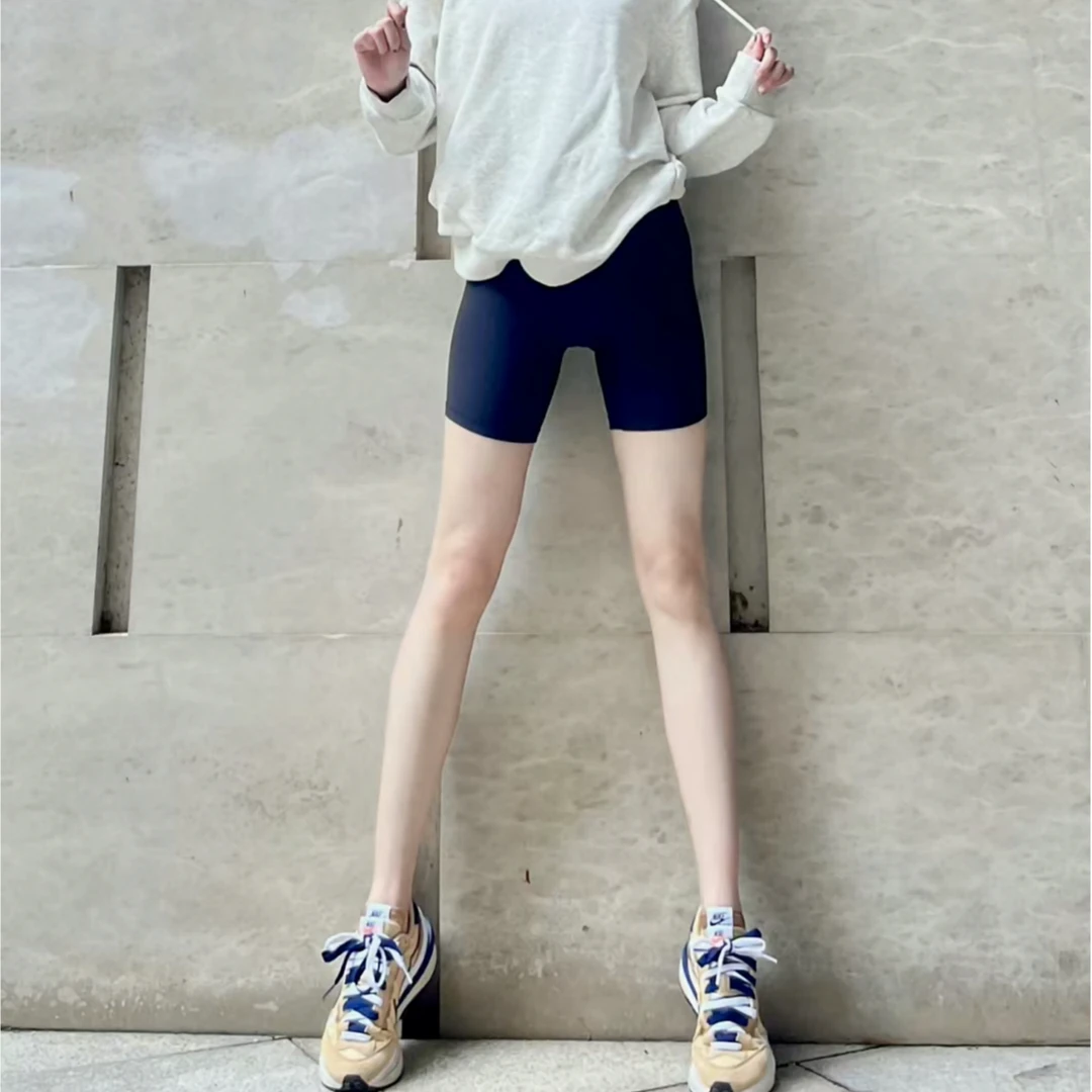 新夏季款裸感无t线纯色瑜伽短裤双面磨毛紧身弹力运动健身三分裤