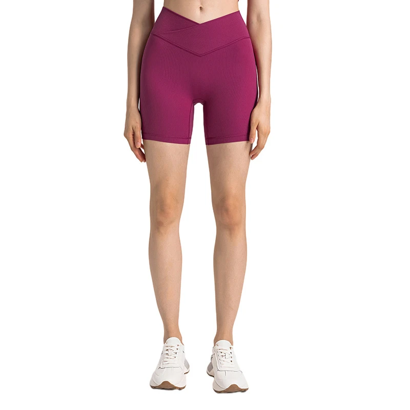 春夏新款舒适罗纹提臀收腹瑜伽三分裤交叉腰头跑步健身运动短裤女