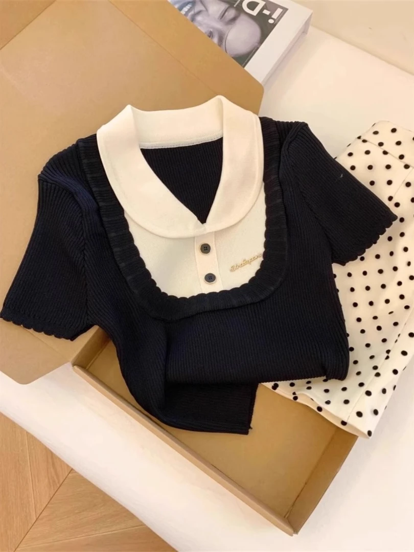 2025秋季新款法式轻奢高级感娃娃领拼接撞色设计感短袖修身上衣女