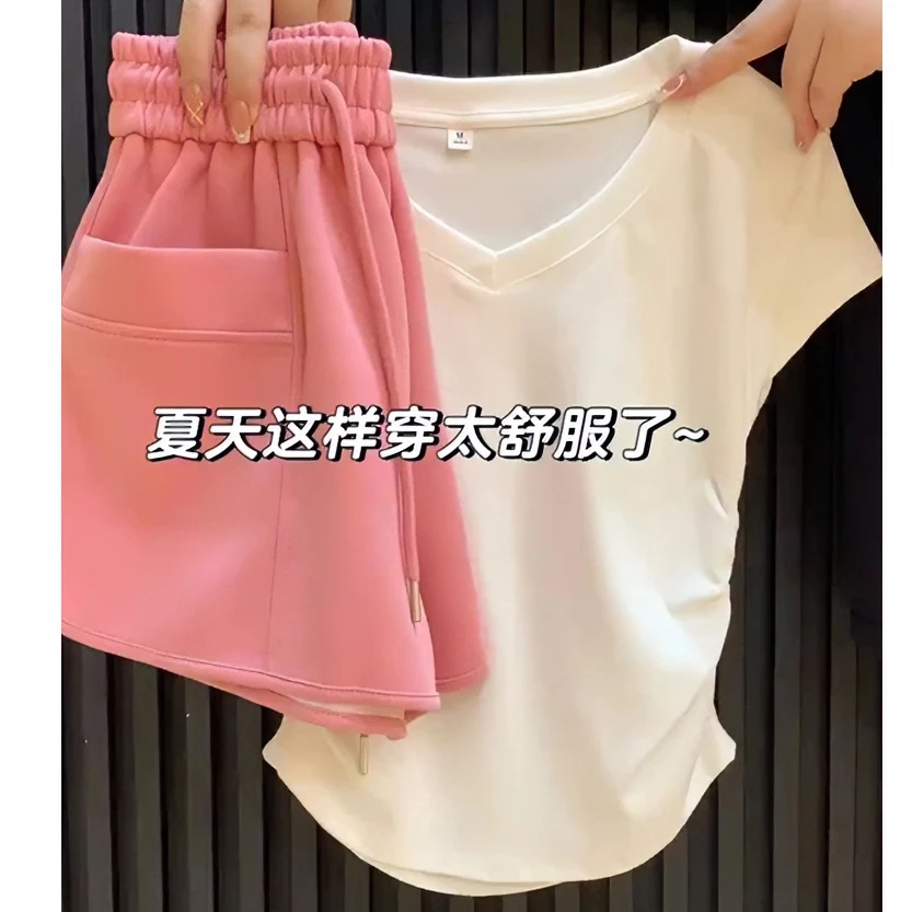 夏季新款百搭甜美时尚少女感简约短袖T恤上衣松紧腰休闲短裤套装