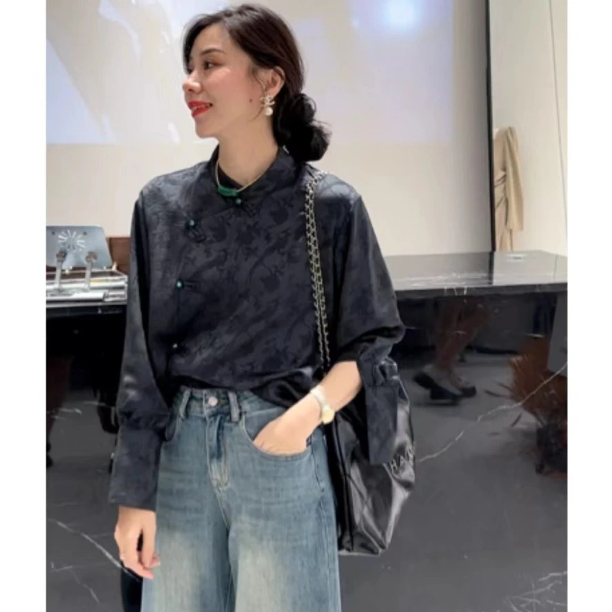 【现货秒发】8692  新中式国风刺绣缎面衬衣