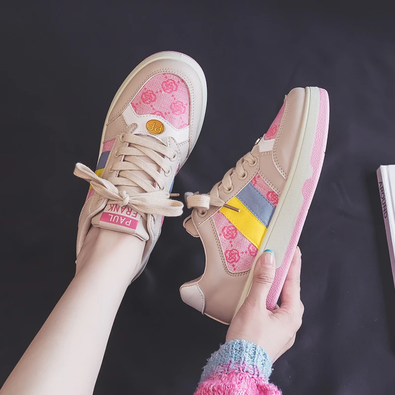 大嘴猴正品复古粉老花脏脏鞋2024春新爆款真皮运动休闲低帮板鞋女