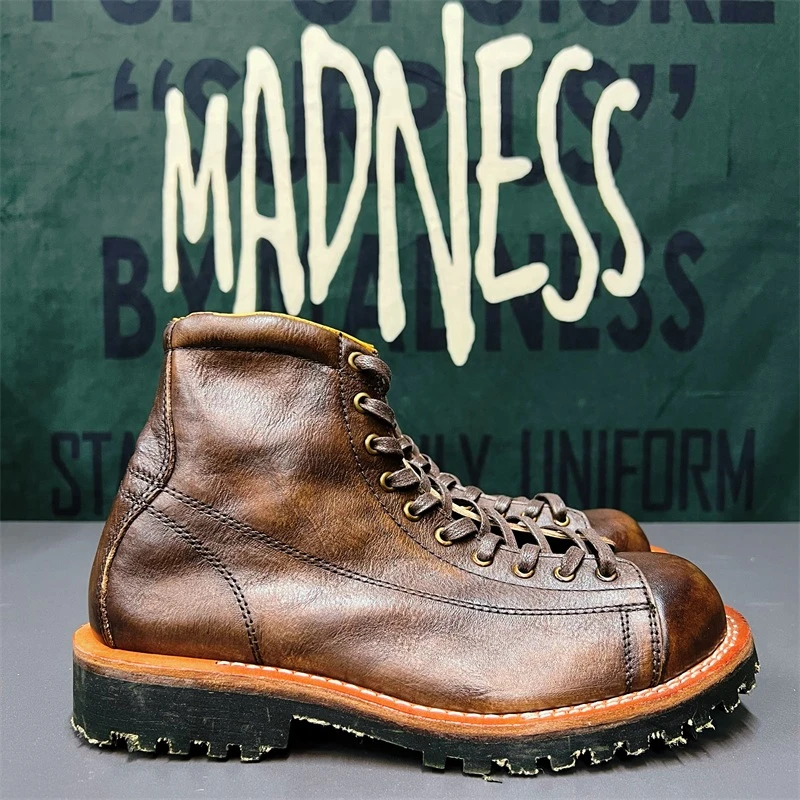 9105工艺美式复古圆头短脸工装马丁短靴男高帮机车真皮鞋百搭潮