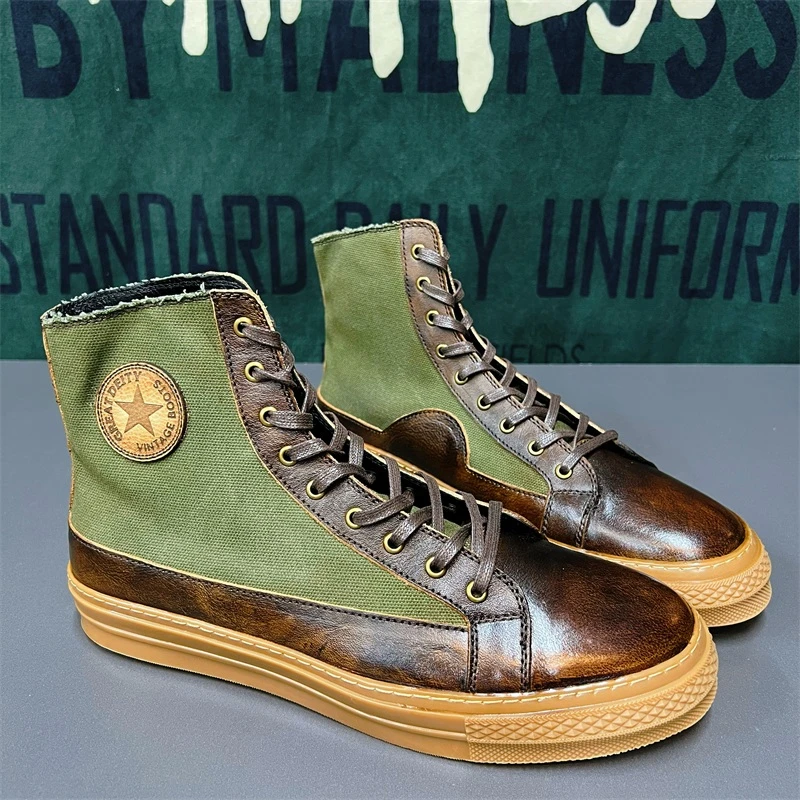 9194美式复古工装马丁机车短靴男牛皮高帮拼皮帆布靴平底潮鞋