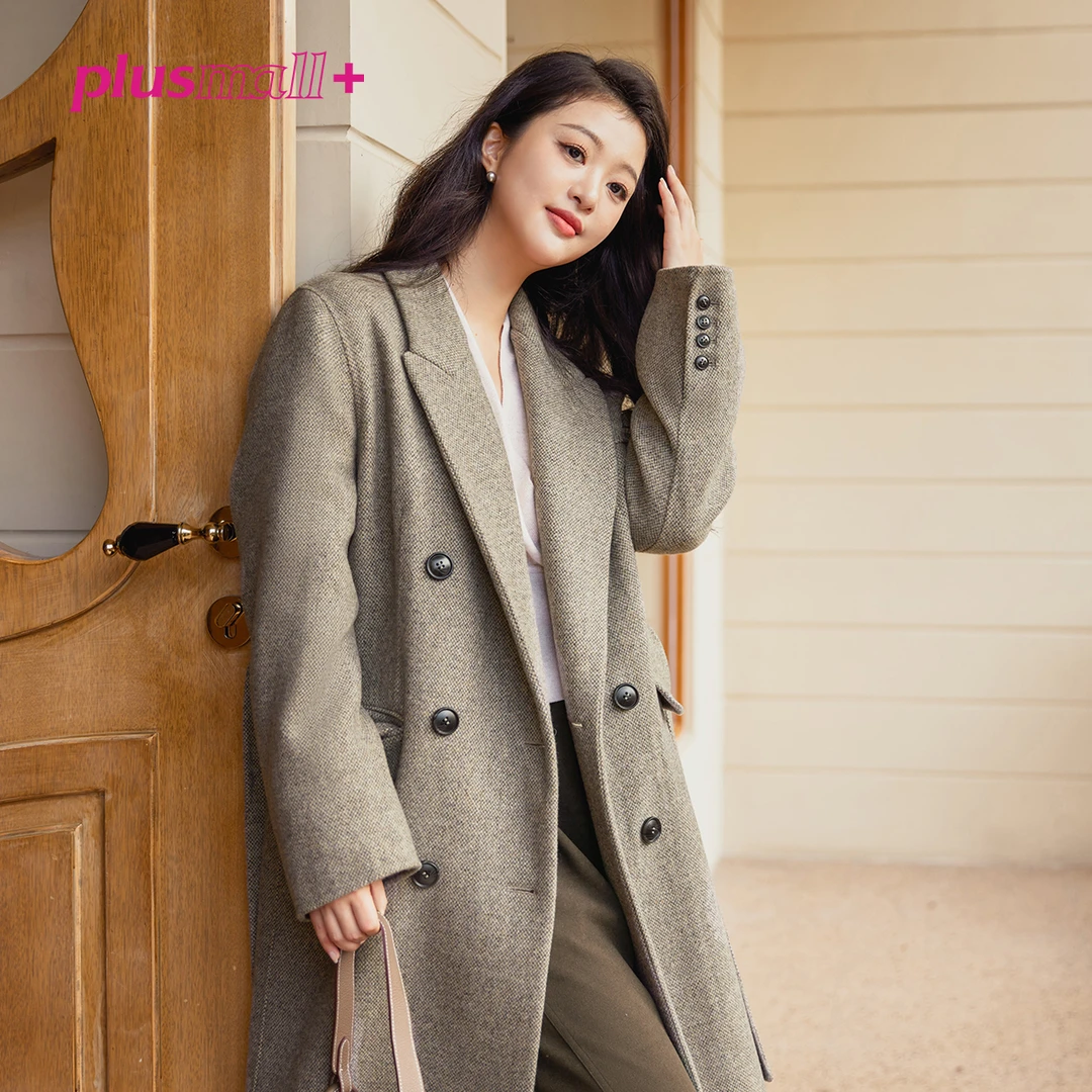 PLUSMALL 伯爵奶茶  静奢立裁戗驳领双排扣大衣PM23071030