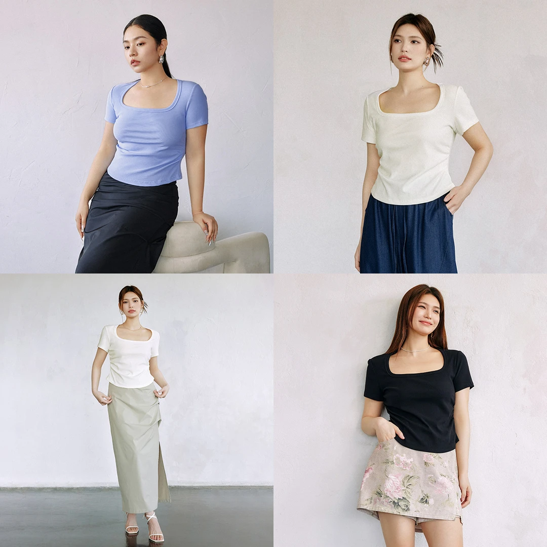 PLUSMALL 轻氧修容T  显瘦正肩方领短袖T恤PM2405152