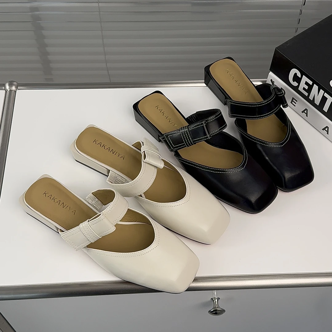 【鞋面牛皮】法式时尚百搭气质ins网红夏季小众方头包拖女中跟拖鞋