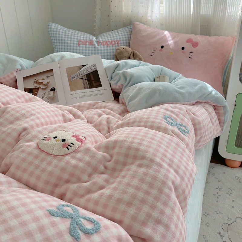 冬季牛奶绒毛巾绣四件套可爱风加厚被套珊瑚绒床单学生宿舍三件套