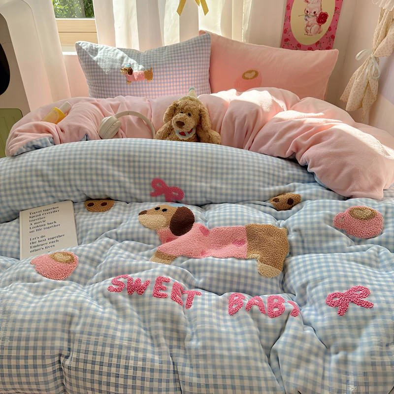 韩系ins甜心腊肠狗毛巾绣牛奶绒四件套冬季加厚双面绒被套三件套4